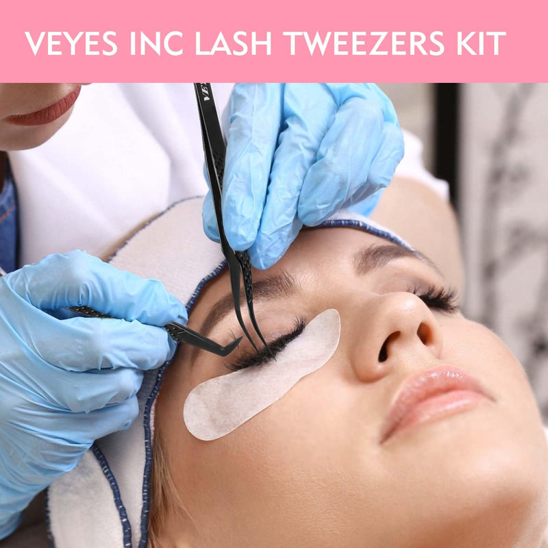 VEYES INC Lash Tweezers for Eyelash Extensions,Fiber Tip Tweezers Kit for Individual Classic and Volume Lash,3PCS Stainless Steel Lash Tweezers-Black Noir KIT