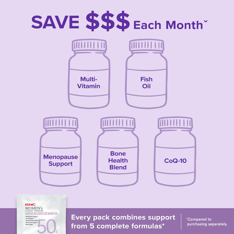 GNC Women's 50+ Vitapak, 5-in-1 Multivitamin Pack, 30 Servings | Supports Healthy Hormones with Soy Isoflavones, Energy and Immunity with Iron, Biotin, and Zinc, Plus CoQ10 for Heart Health