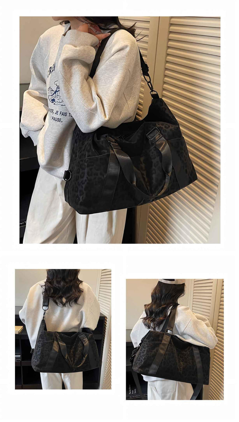 Leopard Print Tote Duffle Bag for Women, Animal Cheetah Print Purse, Crossbody Travel Tote Bag with Zipper Trolley Sleeve, Large Capacity Leopard Gym Bag with Pocket, Y2k Cute Everyday Purse for Work