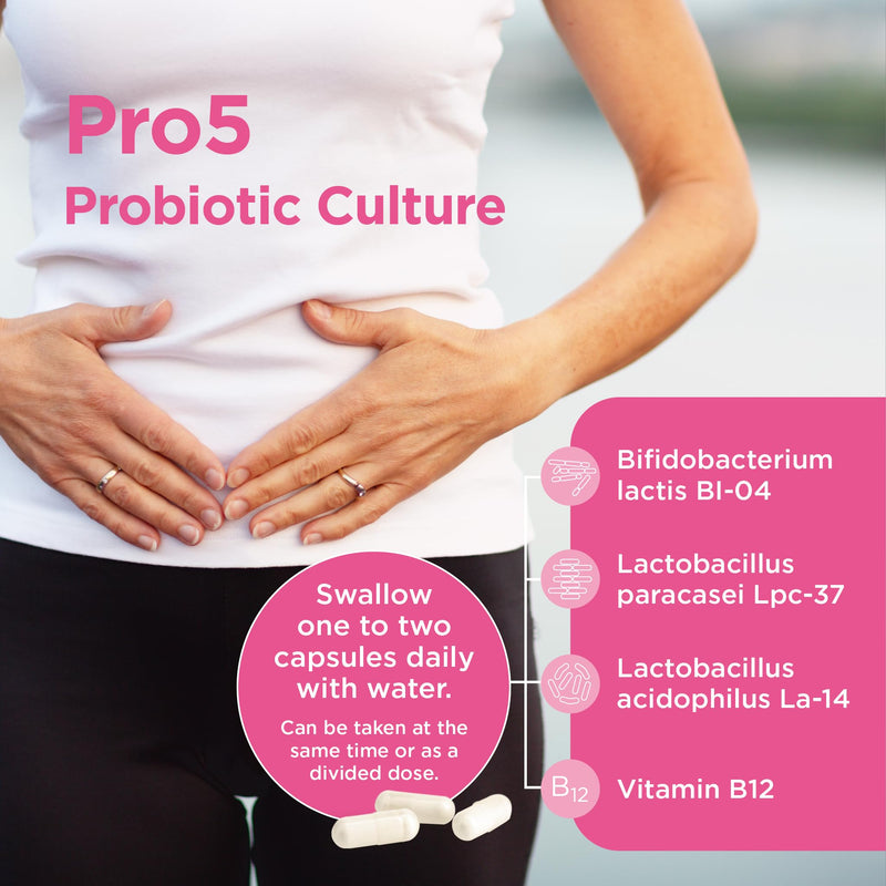 Healthspan Probiotic 5 | Multi-Strain probiotic with 5 Billion Live Cultures from 3 Bacteria strains | Vitamin B12 to Support Your Immune Health | Vegan & Lactose Free Capsules (60 Capsules)