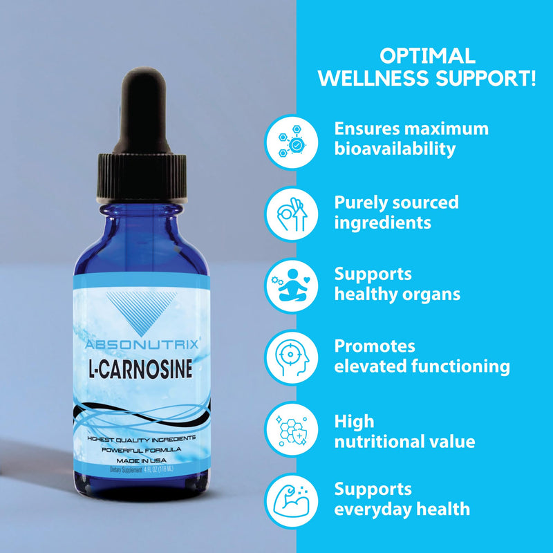 L-Carnosine - 583 mg 4 Oz Bottle, 200 Highly Potent Servings, Easy-to-Consume Drops, High Bioavailability, Third-Party Tested, GMP-Certified, Non-GMO, Cruelty-Free Products, Made in USA