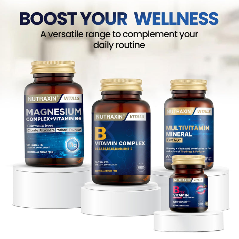 Nutraxin 4-in-1 Magnesium Complex (125g Elemental) + Vitamin B6 for Energy, Muscle Function, Bone & Fatigue - 60 Tablets with Magnesium Citrate, Bisglycinate, Malate & Taurate - Vegetarian Formula Magnesium Complex + Vitamin B6