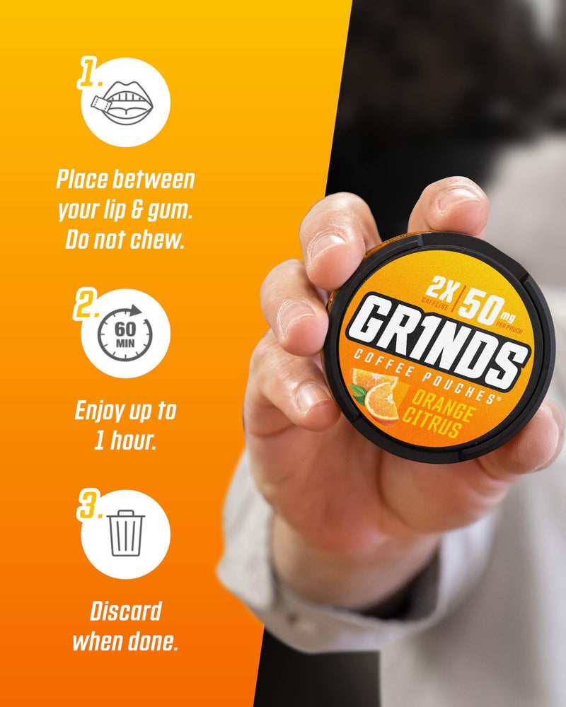 GRINDS Coffee Pouches 18 Per Can | 3 Cans Orange Citrus | Caffeine Pouches | Clean Energy Option | Portable Energy | No Crash, No Jitter | B-Vitamins | Focus | Sugar Free | Brew-Free Coffee 18 Count (Pack of 3)