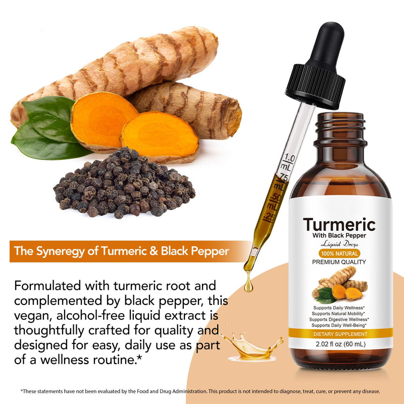 Turmeric Supplement Liquid 2.02 Fl oz - Natural Turmeric & Black Pepper Liquid Drops with Turmeric Root Extract and Piperine for Enhanced Absorption, Alcohol-Free, Sugar-Free & Vegan