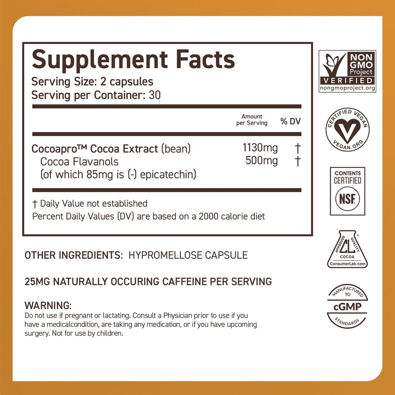 [Australia] - CocoaVia Cardio Health Supplement, 30 Day, 500mg Cocoa Flavanols, Support Heart Health, Boost Nitric Oxide, Blood Circulation, Energy, Vegan, Dark Chocolate, 60 Capsules Capsules (Pack of 1) 