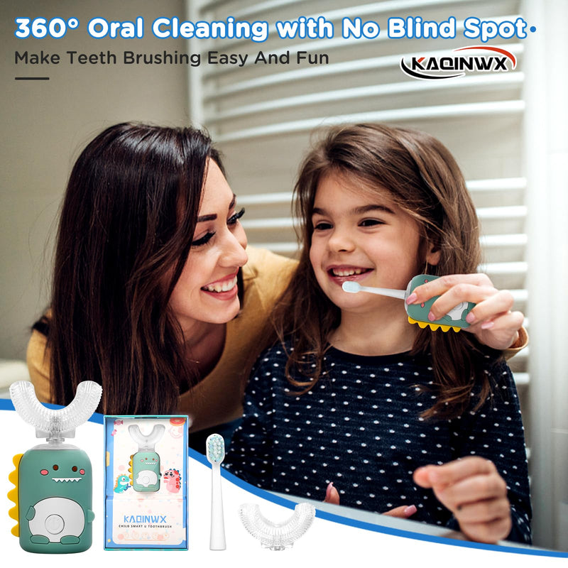 [Australia] - Kids Electric Toothbrushes, U Shaped Ultrasonic Toothbrush, Rechargeable Kids Toothbrush w/Smart Timer, 3 Brush Heads Replacement, 3 Clean Modes, IPX7 Water Resistant for Child 2-12 Green 
