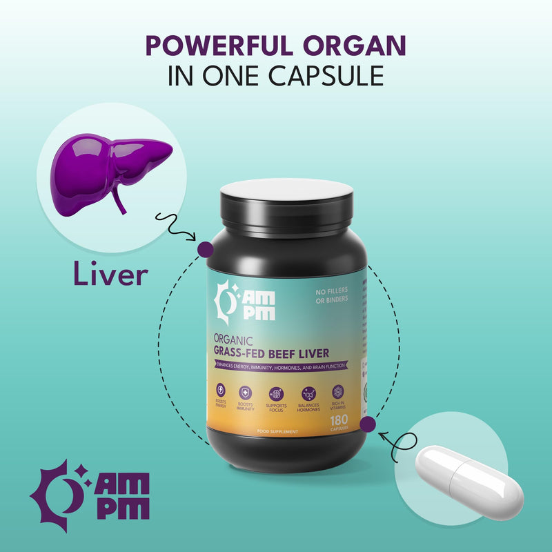 Grass Fed Beef Liver Capsules, Natural Whole Food Supplement, Organic, Non-GMO,180 Capsules By AMPM
