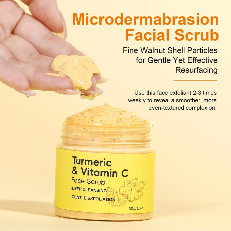 Deep Exfoliating Facial Cleanser, Facial Scrub, Face Wash, Cleansing Wash with Vitamin C, Turmeric, Gentle Daily Exfoliator for Women, Men for Soft, Smooth, Hydrated Skin, Radiant Skin 100g/3.5oz
