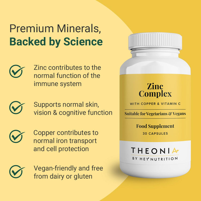 Theonia Zinc Complex – Supports Immune, Skin & Digestive Health – High Absorption Zinc with Vitamin C, Probiotics & Natural Blends – 30 Vegan Capsules