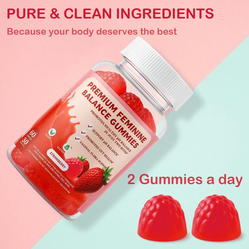 Vaginal Probiotic Feminine Gummies for Women – pH Balance Support & Vitamin C, Strawberry Flavor, Vegan, Sugar-Free, Non-GMO, 60 Gummies (30 Servings)