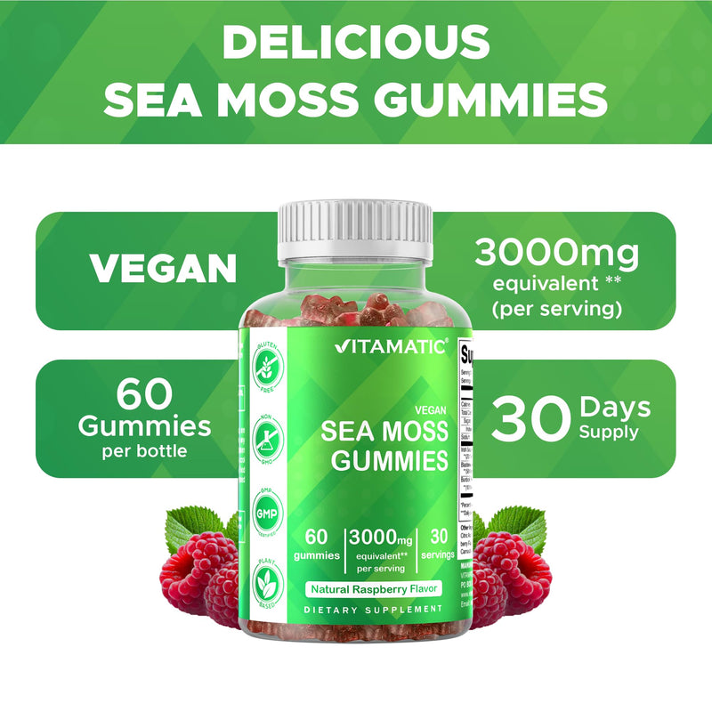 [Australia] - Vitamatic Irish Sea Moss Gummies ‚Äì 3000mg Equivalent Per Serving (from Extract 132.5mg) ‚Äì 60 Ct Made with Bladderwrack & Burdock Root ‚Äì Seamoss Supplement for Thyroid, Energy & Immune Support 