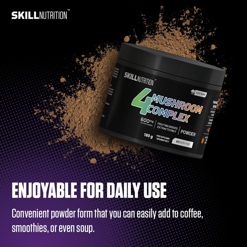 Skill Nutrition 4 Mushroom Complex | Lion’s Mane, Reishi, Chaga, Cordyceps Extracts | Standardized Mushroom Extracts | Natural Support for Vitality & Wellbeing – Premium Dietary Supplement | 180 g
