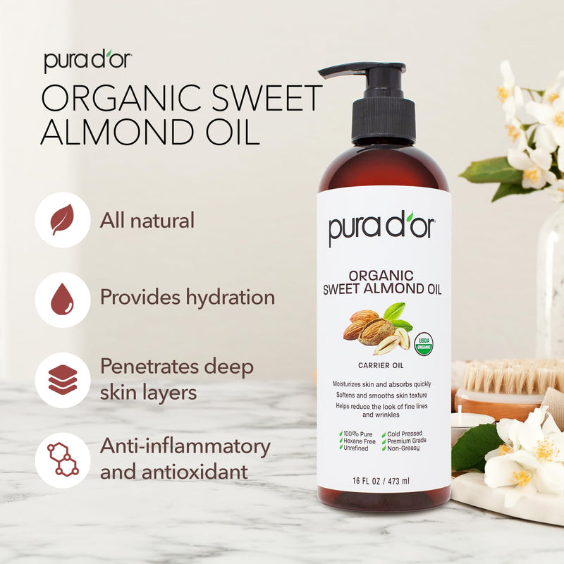 [Australia] - PURA D'OR 100% Pure 16Oz Organic Sweet Almond Oil - USDA Certified Massage Oil For Massage Therapy - Hexane Free Cold Pressed Body Oil After Shower - DIY Facial, Skin, & Stretch Mark Oil 