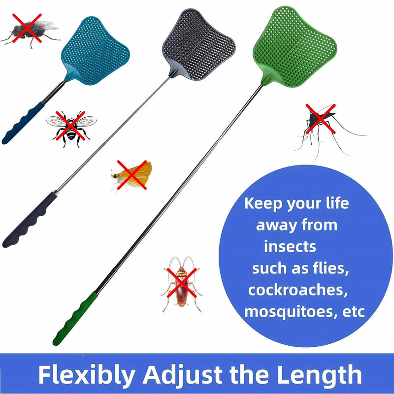 [Australia] - Telescopic Fly Swatter, Jakeloo 3 Pack Fly Swatter for Indoors Plastic Flyswatter Heavy Duty with Stainless Steel Telescopic Handle Ideal for Summer Home/Indoor/Outdoor/Classroom/Office (Blue) Blue 