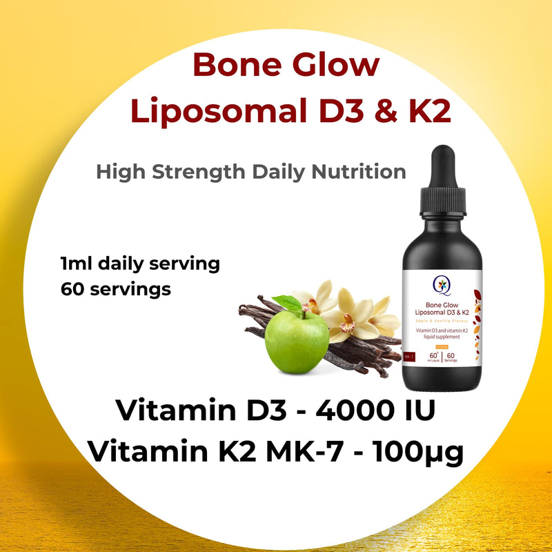 QW Liposomal Vitamin D3 K2 Liquid Drops | 4000 IU Vegan Vitamin D + MK-7 100µg | Bone Glow Formula with Easy Liposomal Delivery | UK Made | 60ml | Apple & Vanilla