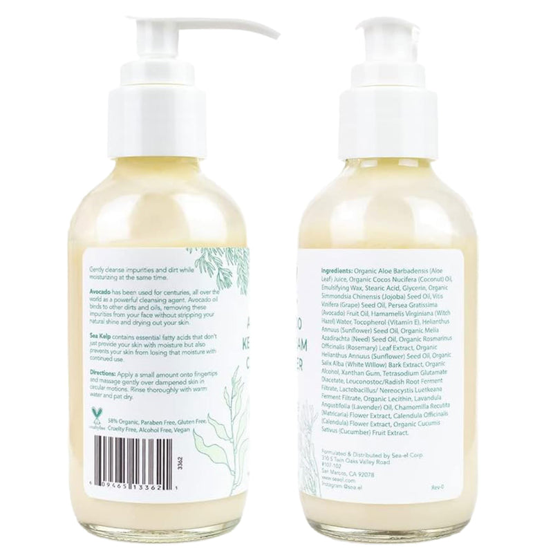 Sea-El Avocado & Kelp Cream Cleanser Non-Foaming Gentle Deep Cleanse to Purify Tone & Firm - Moisturizing Natural Face Wash for Women & Men - 4 Oz 4 Ounce (Pack of 1)