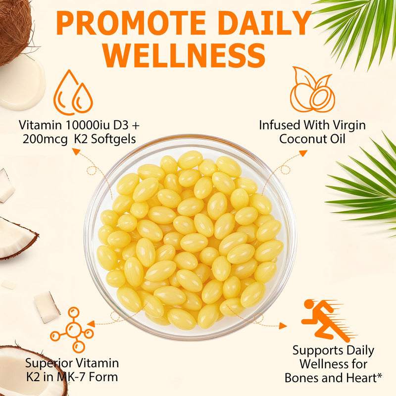 Vitamin D3 K2 10,000 IU 120 Softgels, D3 10,000 IU & K2 MK-7 200 mcg Supports Immune, Heart, Teeth & Bone Health, Non-GMO, Free of Soy, Gluten 120 Count (Pack of 1)