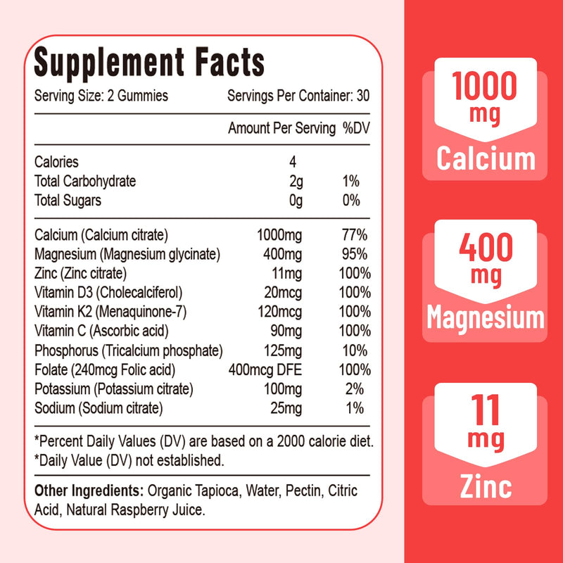 Calcium Magnesium Zinc Gummies with Vitamin D3 & K2, High Absorption Magnesium Glycinate Potassium for Immune and Calm Mood, Raspberry Flavor 60 Gummies 60 Count (Pack of 1)