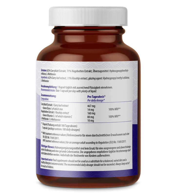 [Australia] - Iron capsules 180 pieces | Iron from curry leaf extract | Vitamin C from rose hips | 100% vegan | from the aft yard 