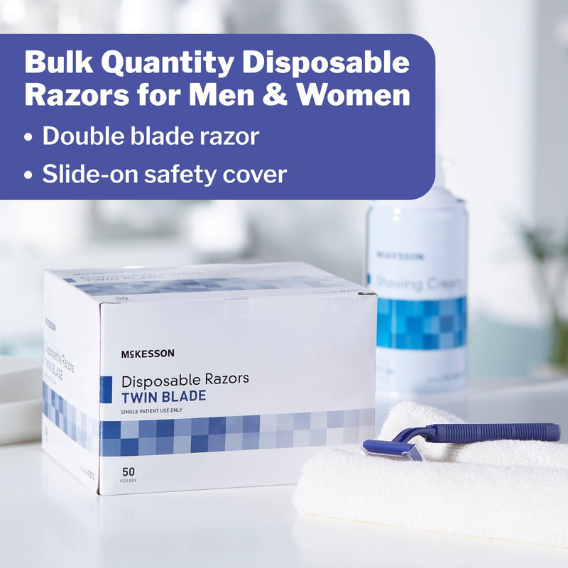 [Australia] - McKesson Disposable Razors [50 Count] – Twin Blade Bulk Shaving Razors for Men & Women, Stainless Steel, Blue, Single-Use for Medical Clinics, Tattoo, Travel, Camping & Salon Care 1 Count (Pack of 50) 