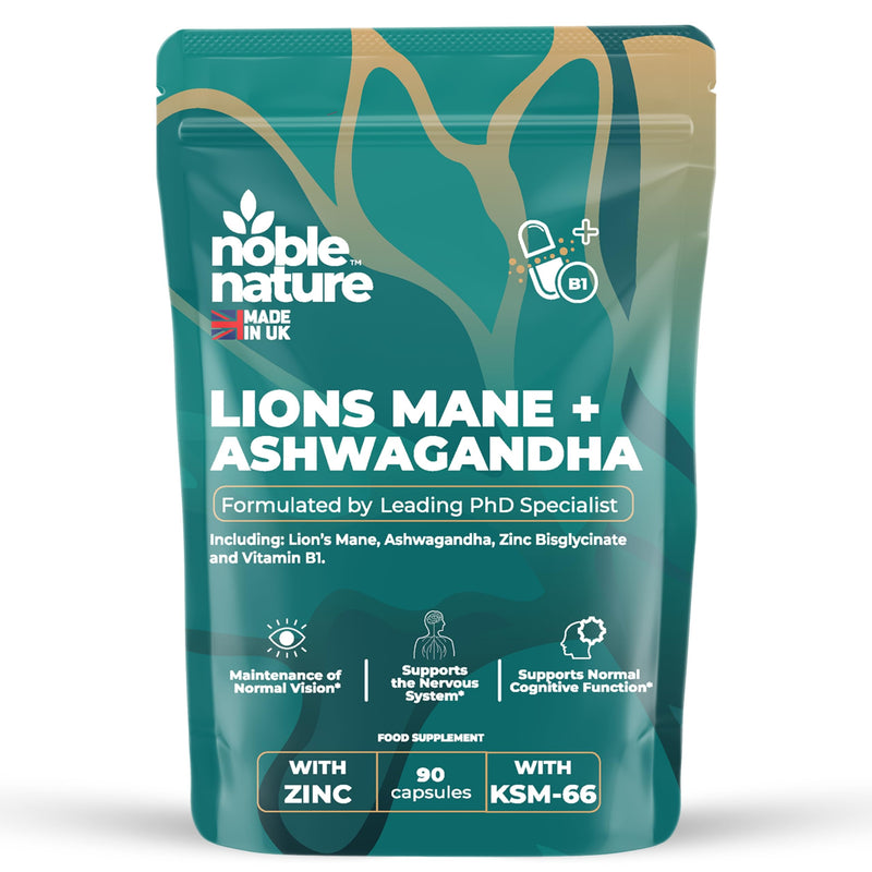 Ashwagandha KSM-66 & Lion’s Mane 7000mg – High Strength 4-in-1 with Zinc & Vitamin B1 – 3000mg Ashwagandha + 4000mg Lion’s Mane – 90 Capsules – UK Made by Noble Nature PhD Formulated