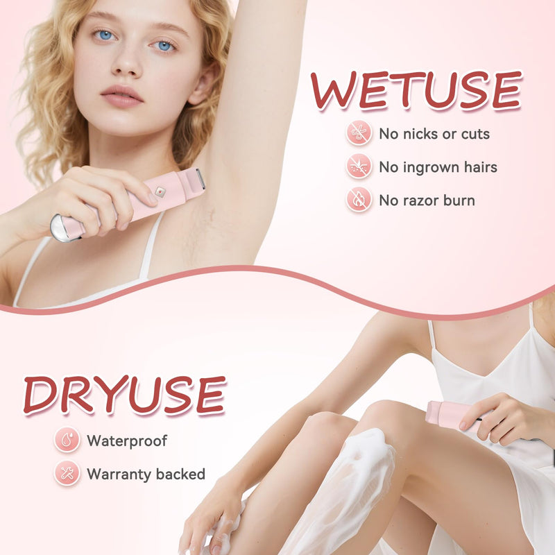 [Australia] - Bikini Trimmer for Women - 2 in 1 Electric Body Hair Trimmer with LED Display, IPX7 Waterproof & Easy to Clean, Cordless Body Shaver for Travel, Replaceable Ceramic Blade Heads, USB Charge Dock(Pink) Pink 