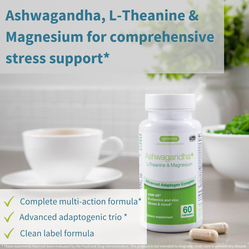 [Australia] - Advanced Ashwagandha KSM-66, L-Theanine & Magnesium, Clean Label, Multi Action Adaptogen Complex for Stress Support with Zinc & B Vitamins, 60 Vegan Capsules, by Igennus… 60 Count (Pack of 1) 