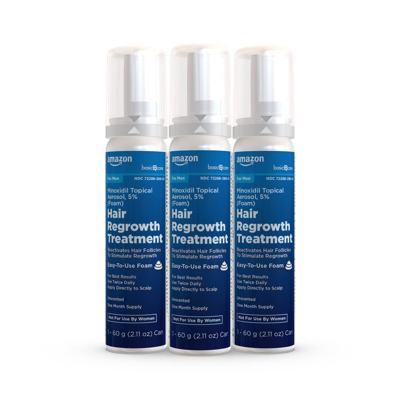 Amazon Basic Care Minoxidil Topical Aerosol, 5% Foam, Hair Regrowth Treatment for Men, Unscented, 2.11 oz, 3-Month Supply (3-Pack) 2.11 Ounce (Pack of 3)