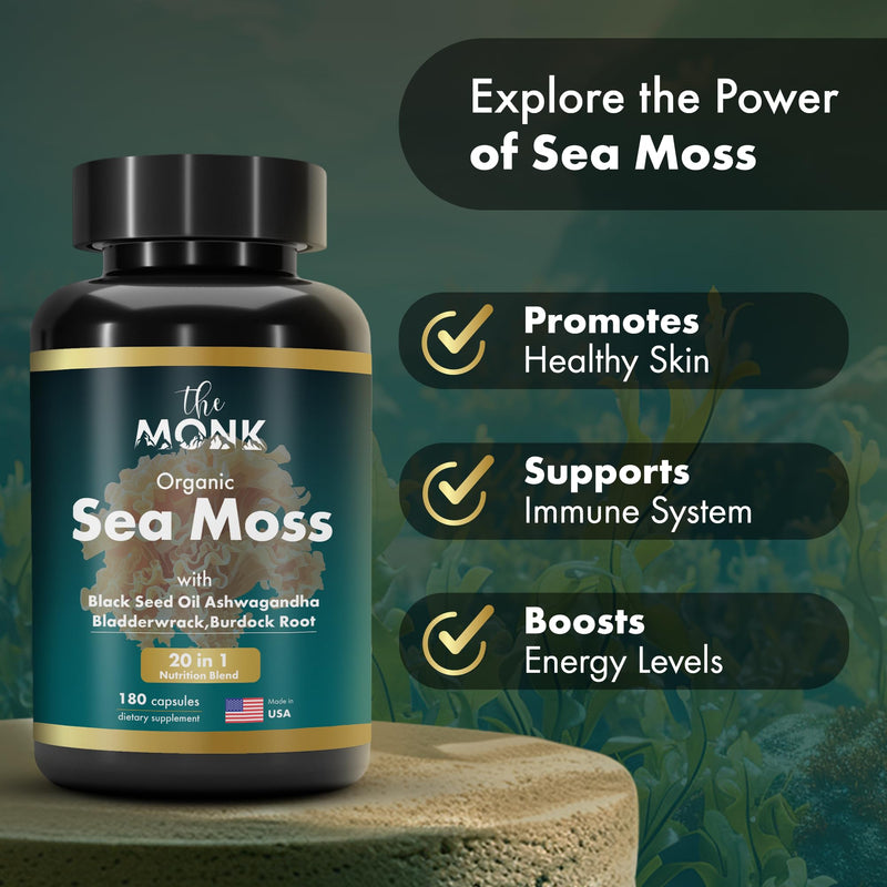 [Australia] - Organic Irish Sea Moss Capsules - Advance Formula, Raw Wildcrafted Seamoss Supplement with Bladderwrack and Burdock Root - 180 Pills - Made in The USA 