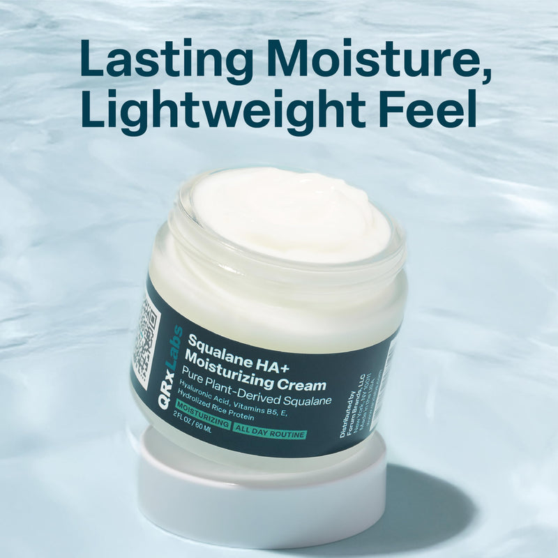 QRxLabs Squalane + Hyaluronic Acid Cream - Daily Face Moisturizer, 2oz | Fast-absorbing, non-greasy daily moisturizer for instant, lasting hydration and skin barrier support. Non-comedogenic.