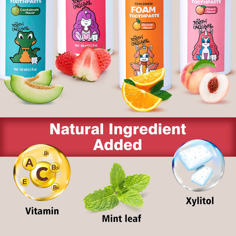 [Australia] - NOHOO Fluoride Free Foam Toothpaste Kids Fruit Flavour,Natural Training Toothpaste for Baby Toddler Children Oral Cleaning and Cavity Protection Strawberry Orange Peach Cantaloupe Strawberry+Orange+Peach+Cantaloupe 2.1 Fl Oz (Pack of 4) 
