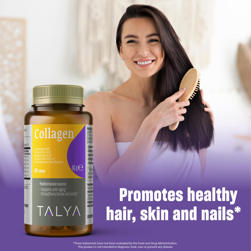 TALYA Collagen Pills with Hyaluronic Acid + Vitamin C | Hydrolyzed Collagen for Women & Men | Hair, Skin and Nails | Non-GMO | 60 Capsules