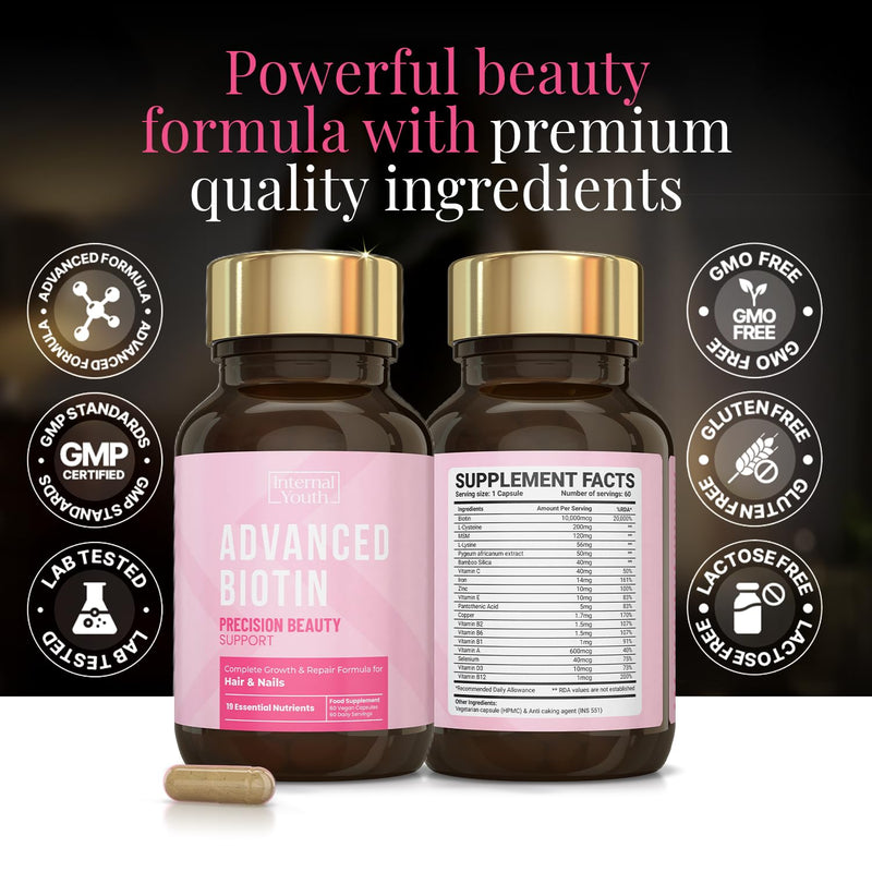 Advanced Biotin Hair Growth Vitamins - Hair Skin and Nails Vitamins for Women - Lab Tested Biotin Supplement 10000 mcg + 18 Key Beauty Ingredients - Internal Youth