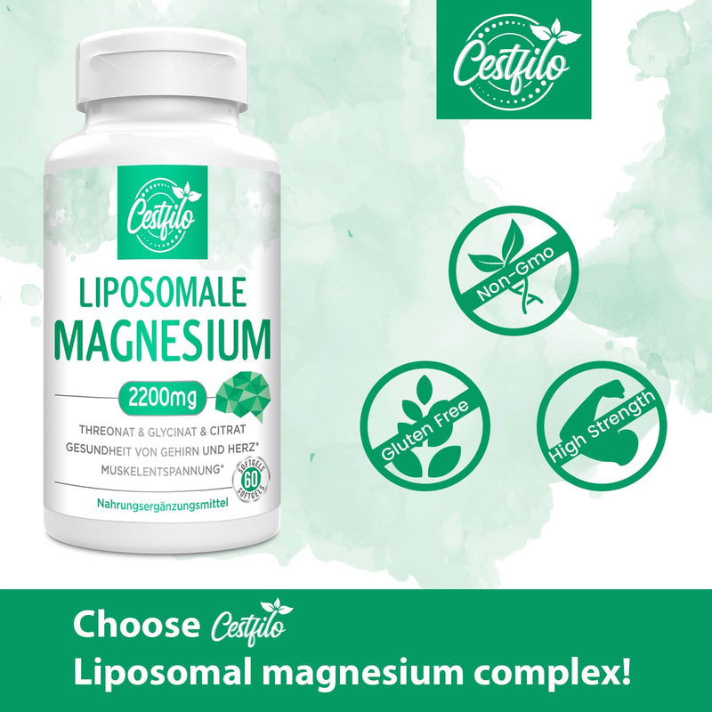 Liposomal Magnesium Complex 2200 mg, Gluten-Free, 60 Soft Capsules, High Dose, Natural, Suitable for Women, Men (Pack of 60)
