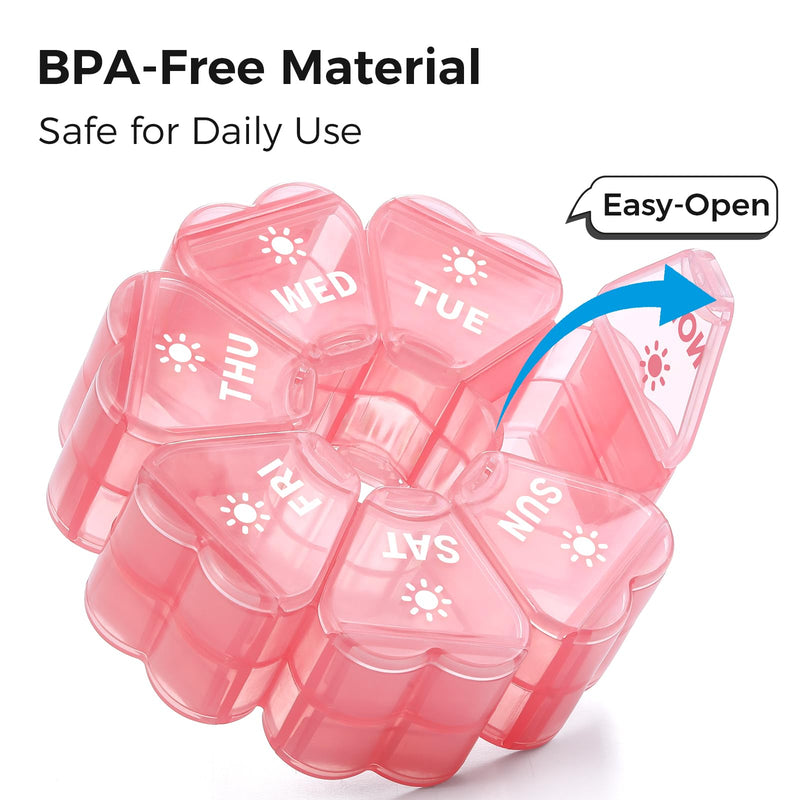 LANDNEOO Weekly Pill Organizer 2 Times a Day, Cute Double-Sided AM PM Pill Case 7 Day, Pink Travel Pill Box for Medication, Vitamins, Fish Oils, Supplements - Pink