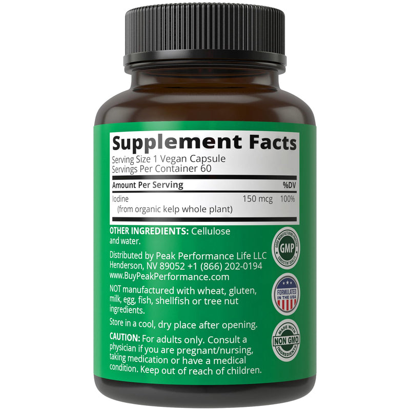 [Australia] - Raw Whole Food Iodine Supplement from Organic Kelp (Ascophyllum Nodosum) by Peak Performance. Potassium Iodide Support Tablets. for Metabolism, Energy, and Immune. 60 Vegan Capsules, Pills. 60 Count (Pack of 1) 