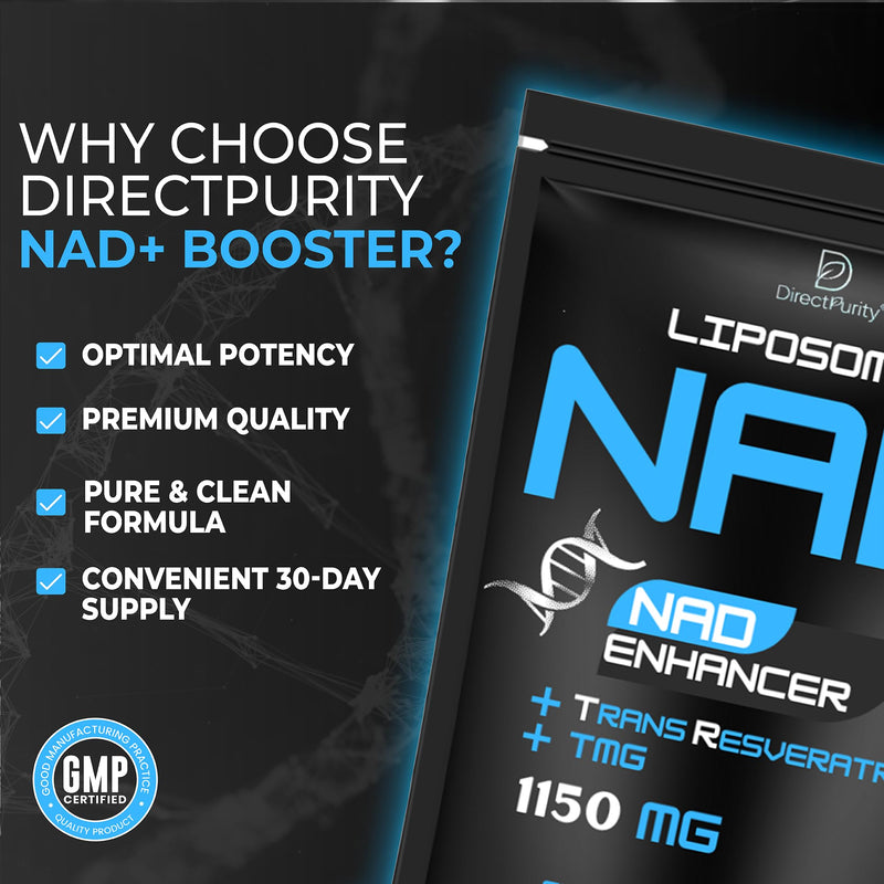 Direct Purity NAD Supplements – 1150 mg Healthy Aging Liposomal NAD with Trans Resveratrol TMG and Piperine Blend Supports Cellular Health DNA Repair Energy and Metabolism – 60 Vegan Capsules