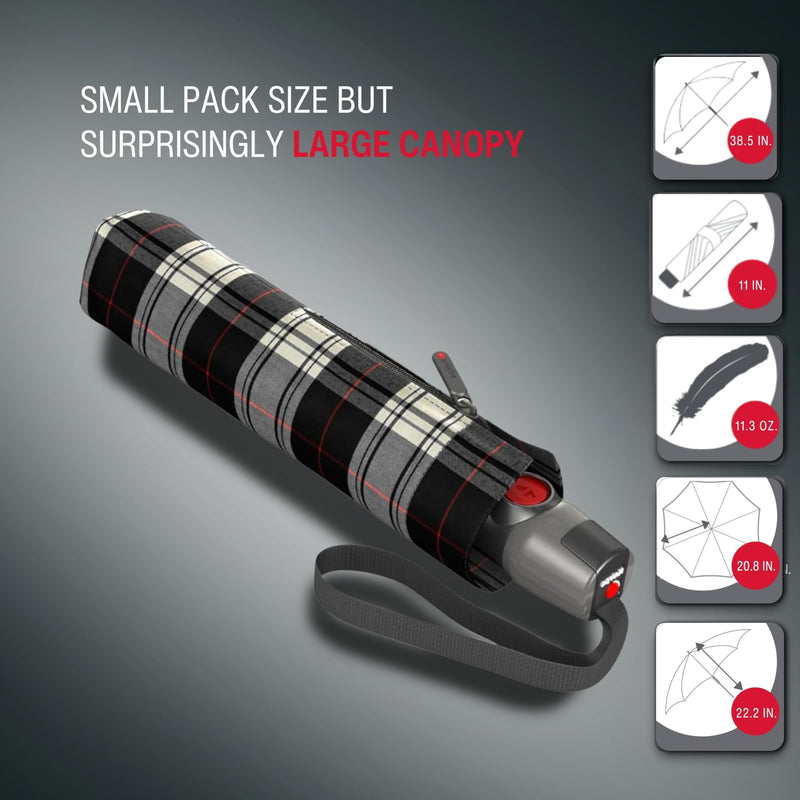 Knirps T.200 Duomatic Compact Rain Umbrella in Black/White Check – Wind Tunnel Tested to 93 mph, Aluminum Steel Fiberglass Frame, 38in Canopy, OEKO-TEX, High-Performance Automatic Travel Umbrellas