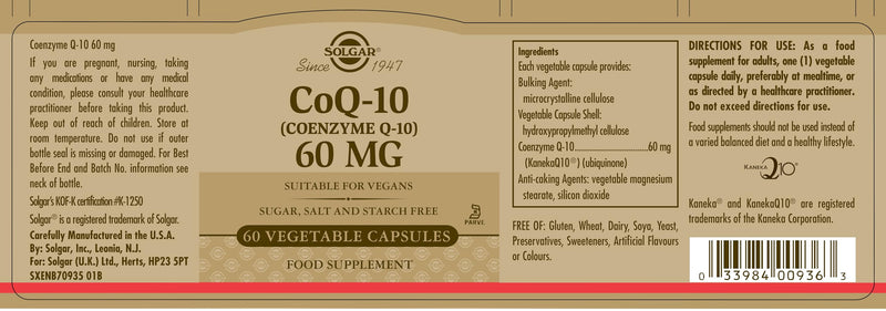 Solgar CoQ-10 (Coenzyme Q-10) 60 mg Vegetable Capsules - Pack of 60 - for Busy Schedules and Over 50s - Helps Cell Regeneration - Vegan and Gluten Free 60 count (Pack of 1)