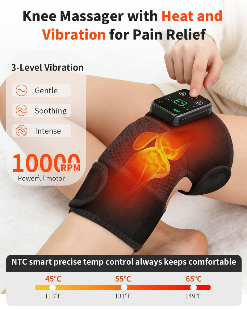 Cordless Knee Massager with Heat and Vibration for Pain Relief - Electric Heated Knee Brace Wrap with 3 Heat Levels & 3 Massage Modes, Portable Arthritis Joint Therapy for Men & Women (Black, Single) 1PC