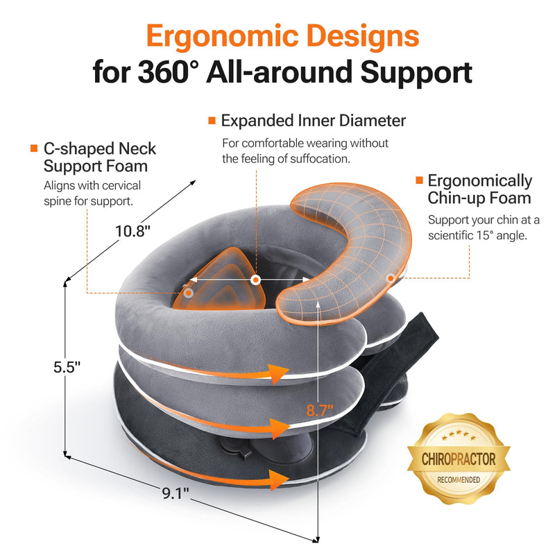 [Australia] - Built-in Inflatable Neck Stretcher, Cervical Traction Device with High-Front & Low-Back for Effective Traction and Support, Neck Decompression Devices with 3-Layer Chambers in Varied Sizes, Home Use Gray 