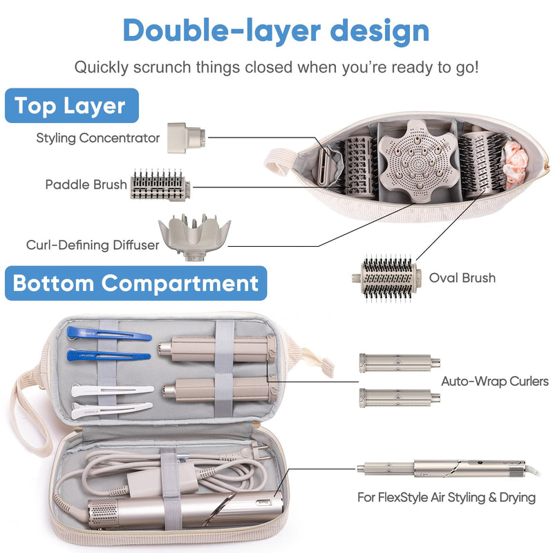 [Australia] - Hair Dryer Case, Double-Layer Hair Tools Travel Carrying Case for Shark FlexStyle/SmoothStyle with Hair Dryer Bag - Hair Air Wrap Dryer Case Flat Curling Iron Travel Organizer Standard Ivory 
