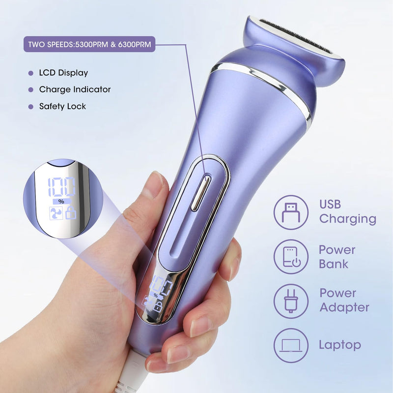 [Australia] - Electric Shavers for Women, 7 in 1 Hair Removal Kit with Epilator Bikini Trimmer Face Razor Body Brush Face Massager Foot Callus Remover, IPX7 Waterproof Lady Razors Set for Legs Armpit Bikini Pubic Purple-1 