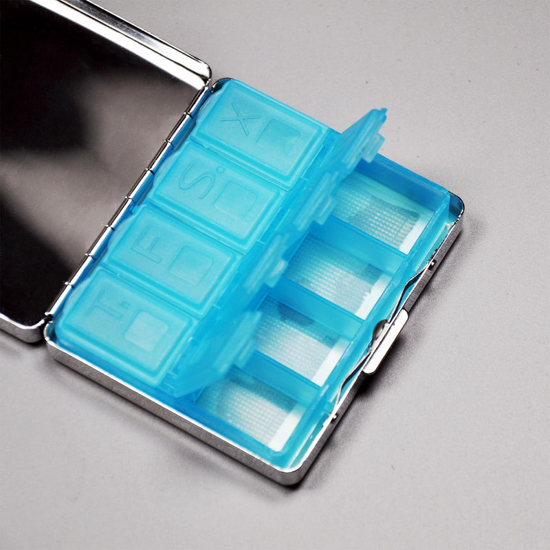 Metal Pill Organizer Box with Mirror – 8 Compartment Chrome Pill Case, Pocket-Size Travel Pill Container for Vitamins, Seniors, Daily Use (Death in Pop Style) Death in Pop Style
