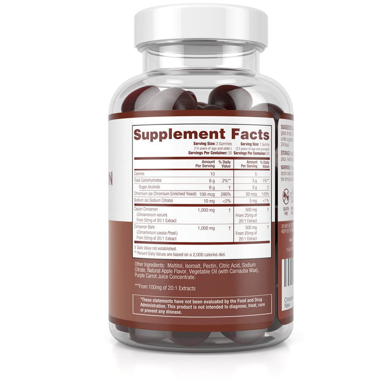 [Australia] - Sugar-Free Ceylon Cinnamon Gummies (2,000mg/Serving) Joint Pain Support Cinnamon Supplement & Brain Health, Vegan, Gluten-Free, Replace Ceylon Cinnamon Capsules, Pills, Powder Extract 60 Chews 