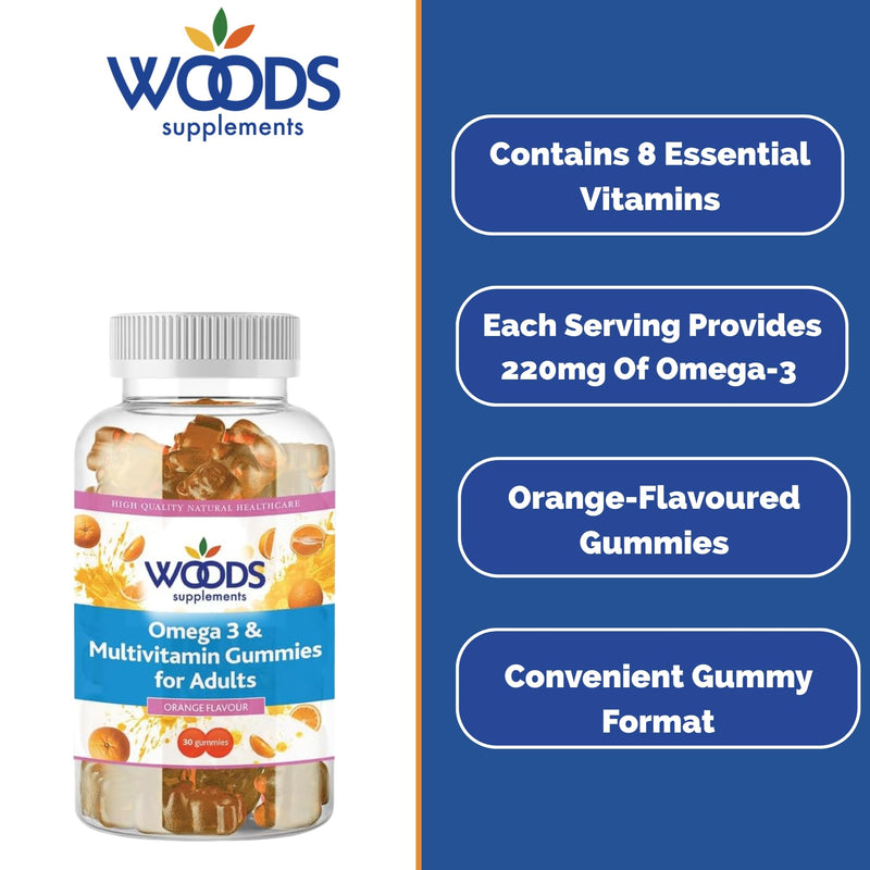 Woods Supplements - Omega 3 & Multivitamin Gummies for Adults (30x). 220mg Plant-Based Omega 3 from Flaxseed, 8 Essential Vitamins Including A, C, D3 & E, Orange Flavour, Daily Nutritional Support 30