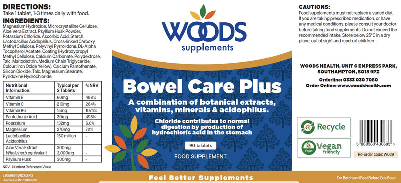 Woods Supplements - Bowel Care Plus 300mg Psyllium Husk Fibre Supplement 90x Vegan Tablets Natural Prebiotic Fibre with Bifibus Culture Probiotics, Acidophilus and Vitamins B, C & E for Gut Health 90