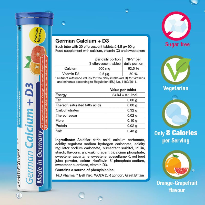 T&D German Elektrolyt Mix - 100 Fizzy Effervescent Tabelts - Orangeflavour- Magnesium, Calcium - Sugarfree - Made in Germany Orange 1 count (Pack of 100)