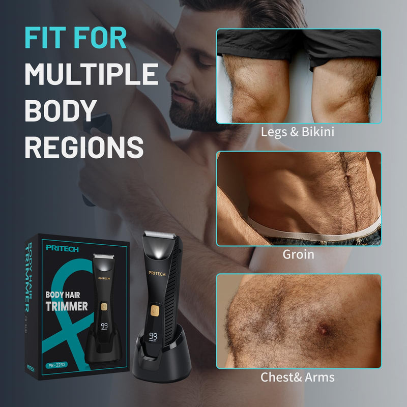 PRITECH Pubic Hair Trimmer for Men - Waterproof Body Hair Trimmer, Ceramic Blade Body Shavers for Men with USB-C Charging, Wet & Dry Use & Nick-Free Design, Balls & Sensitive Skin Safe (Black)