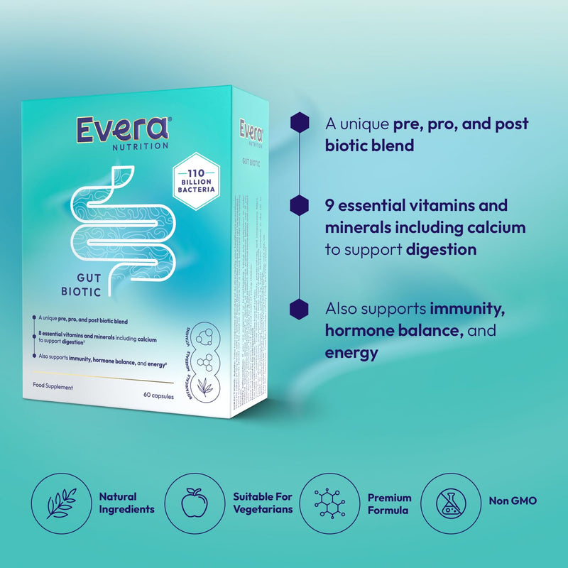Gut Biotic, 60 Capsules - Supports Digestion, Immunity, Hormone Balance & Energy | 110 Billion Bacteria | Pre, Pro & Post Biotic Blend + Essential Vitamins and Minerals